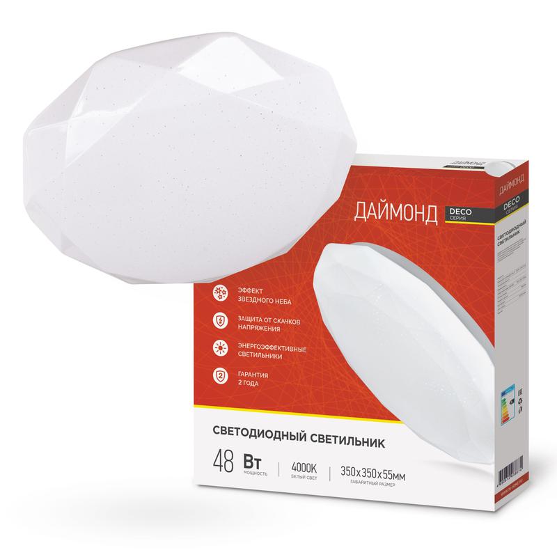 Рекомендуем купить Светильник светодиодный DECO ДАЙМОНД 48Вт 230В 4000К 3120лм 377х73мм IN HOME 4690612038674